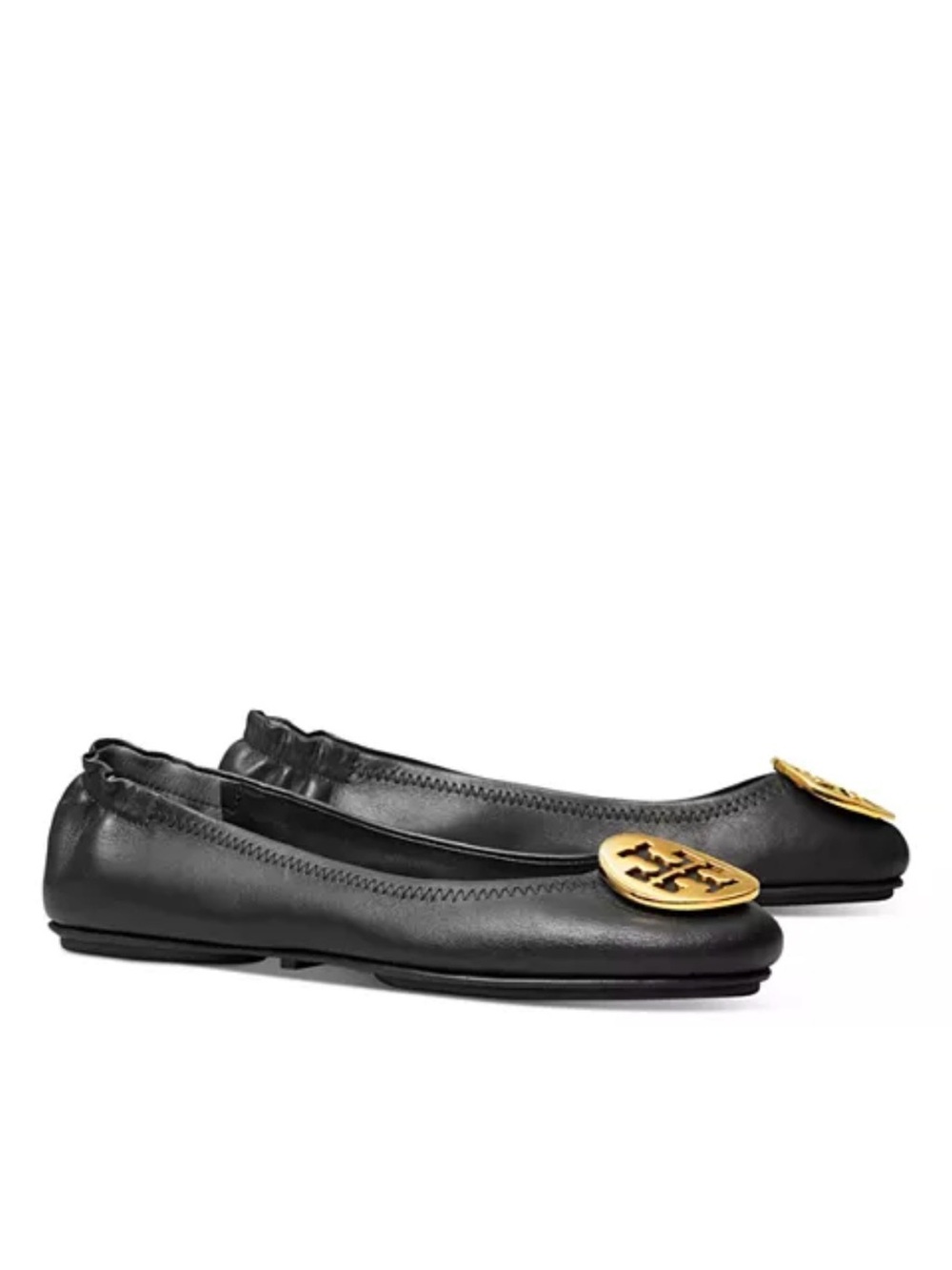 TORY BURCH Minnie Travel Black Leather Ballet Flat with Gold Logo Accent 7M